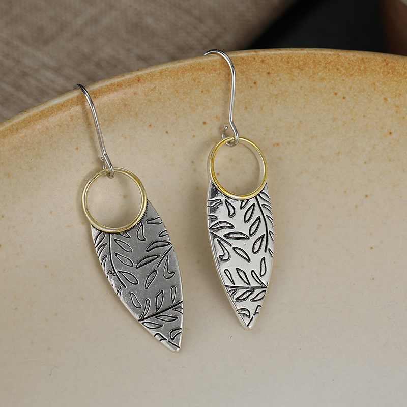 Women's Vintage Botanical Leaf Dangle Earrings, Two-Tone Teardrop